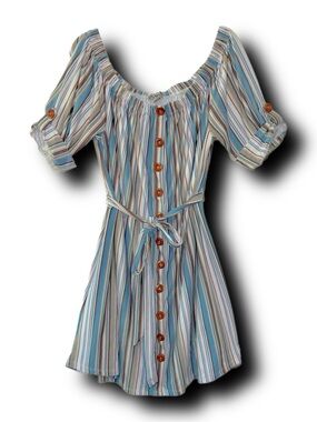 Striped Off-Shoulder Button-Front Summer Dress in Blue & Tan in Legging Material